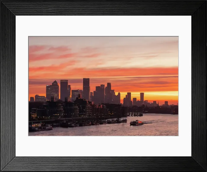 Framed Print : England, London, Docklands, River Thames and Canary Wharf Skyline at Dawn
