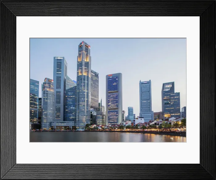 Framed Print : Asia, Singapore, Boat Quay and Singapore River with Riverside Pubs and Restaurants and City Business Area Buildings at Dusk Framed Print : Asia, Singapore, Boat Quay and Singapore River with Riverside Pubs and Restaurants and City Business Area Buildings at Dusk