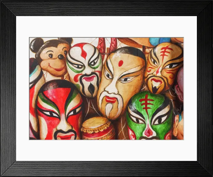 Framed Print : Asia, Singapore, Chinatown, Wall Mural depicting Chinese Masks Framed Print : Asia, Singapore, Chinatown, Wall Mural depicting Chinese Masks