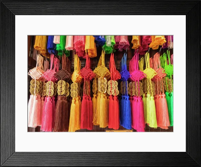 Framed Print : Asia, Singapore, Chinatown, Souvenir Shop display of Colourful Good Luck Knots Framed Print : Asia, Singapore, Chinatown, Souvenir Shop display of Colourful Good Luck Knots