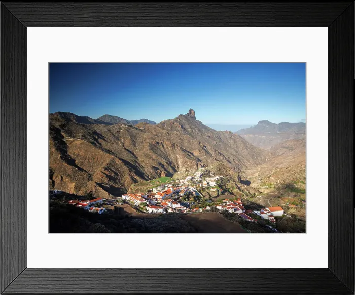 Framed Print : Spectacular mountain scenery and Roque Bentayga with Tejeda town in Central Gran Canaria, Canary Islands, Spain Framed Print : Spectacular mountain scenery and Roque Bentayga with Tejeda town in Central Gran Canaria, Canary Islands, Spain