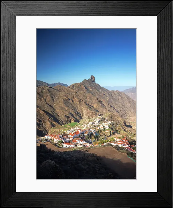 Framed Print : Spectacular mountain scenery and Roque Bentayga with Tejeda town in Central Gran Canaria, Canary Islands, Spain Framed Print : Spectacular mountain scenery and Roque Bentayga with Tejeda town in Central Gran Canaria, Canary Islands, Spain