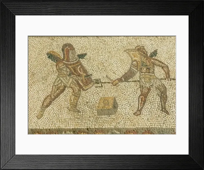 Framed Print : England, West Sussex, Bignor Roman Villa, Roman Mosaic depicting Gladiators Framed Print : England, West Sussex, Bignor Roman Villa, Roman Mosaic depicting Gladiators