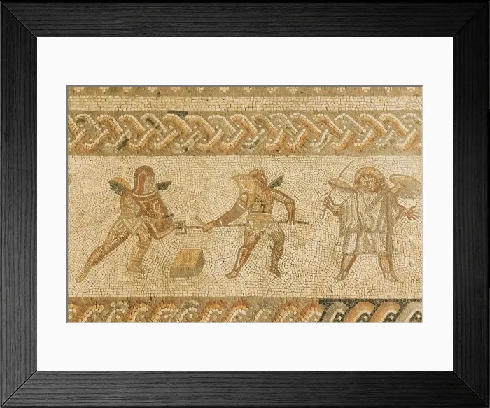 Framed Print : England, West Sussex, Bignor Roman Villa, Roman Mosaic depicting Gladiators Framed Print : England, West Sussex, Bignor Roman Villa, Roman Mosaic depicting Gladiators