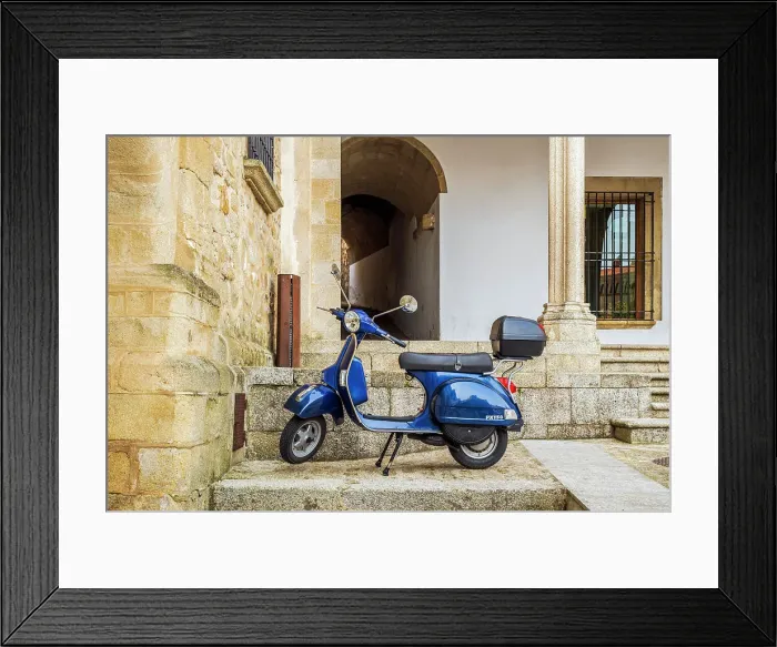 Framed Print : Piaggio Vespa scooter parked, Trujillo, Extremadura, Spain Framed Print : Piaggio Vespa scooter parked, Trujillo, Extremadura, Spain
