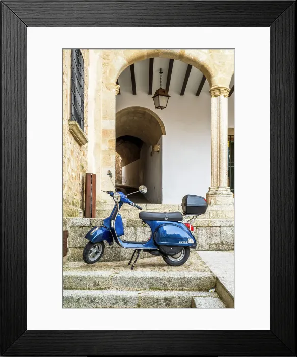 Framed Print : Piaggio Vespa scooter parked, Trujillo, Extremadura, Spain Framed Print : Piaggio Vespa scooter parked, Trujillo, Extremadura, Spain