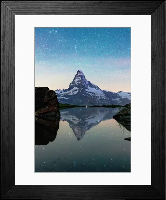 Framed Print : Glowing stars reflecting in lake Stellisee with majestic Matterhorn on background at night, Zermatt, Valais Canton, Switzerland Framed Print : Glowing stars reflecting in lake Stellisee with majestic Matterhorn on background at night, Zermatt, Valais Canton, Switzerland