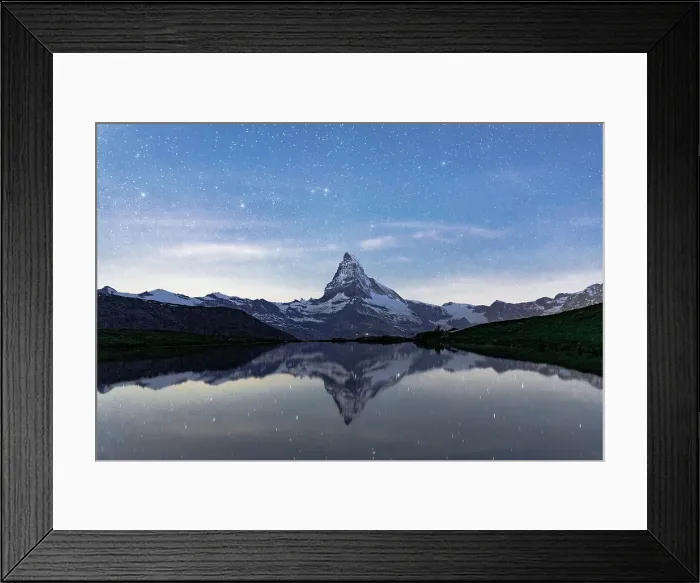 Framed Print : Matterhorn mountain peak reflected in Stellisee lake under a romantic starry night sky, Zermatt, Valais Canton, Switzerland Framed Print : Matterhorn mountain peak reflected in Stellisee lake under a romantic starry night sky, Zermatt, Valais Canton, Switzerland