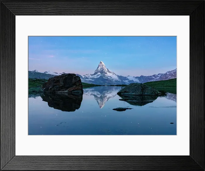 Framed Print : Matterhorn peak reflected in Stellisee idyllic mountain lake at night, Zermatt, Canton of Valais, Switzerland Framed Print : Matterhorn peak reflected in Stellisee idyllic mountain lake at night, Zermatt, Canton of Valais, Switzerland