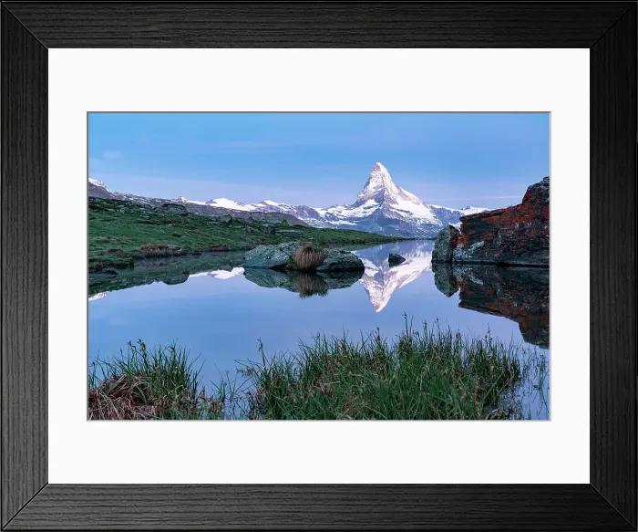 Framed Print : Matterhorn mirrored in lake Stellisee at dusk in spring, Zermatt, Valais Canton, Switzerland Framed Print : Matterhorn mirrored in lake Stellisee at dusk in spring, Zermatt, Valais Canton, Switzerland