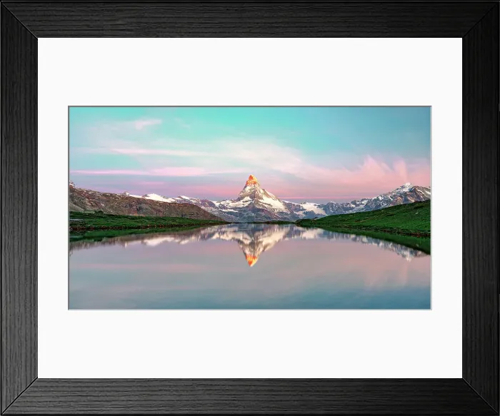 Framed Print : Sunrise over Matterhorn reflected in Stellisee idyllic mountain lake, Zermatt, Canton of Valais, Switzerland