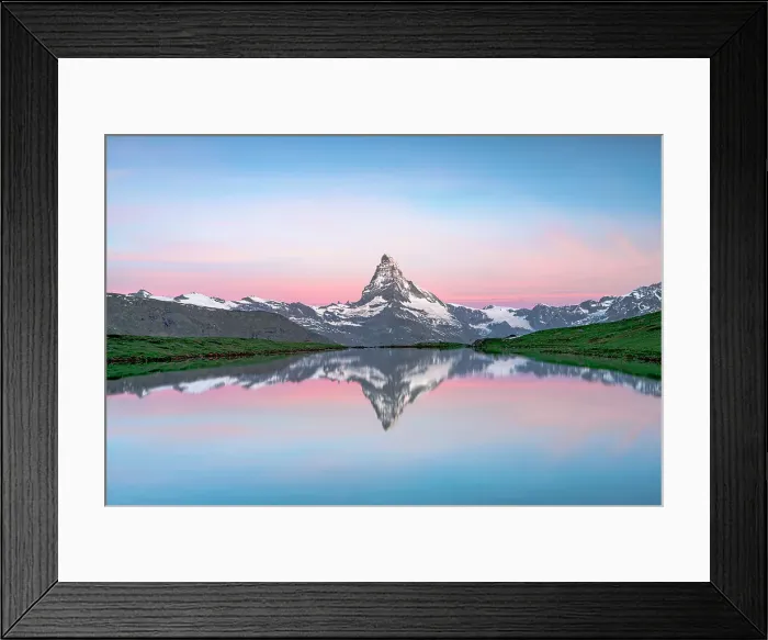 Framed Print : Romantic sky at dawn over Matterhorn mountain peak mirrored in lake Stellisee, Zermatt, Canton of Valais, Switzerland Framed Print : Romantic sky at dawn over Matterhorn mountain peak mirrored in lake Stellisee, Zermatt, Canton of Valais, Switzerland