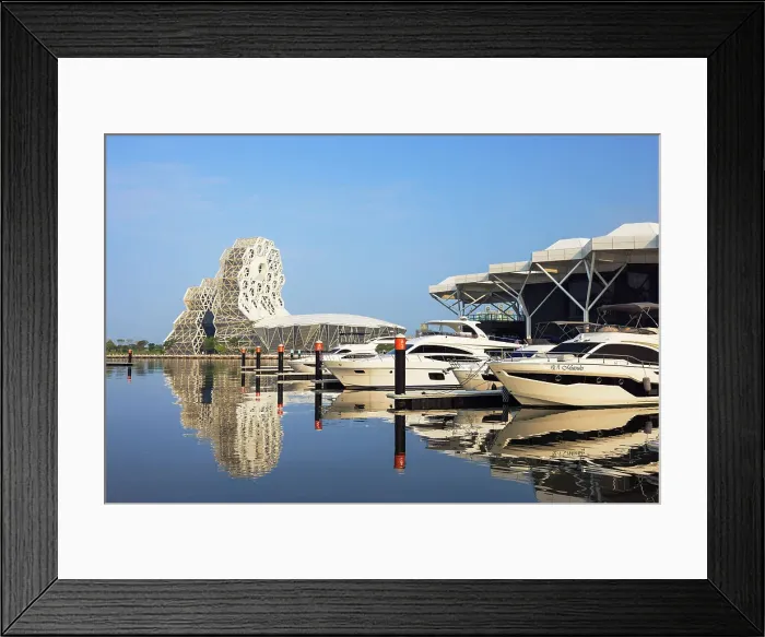 Framed Print : Kaohsiung Music Centre and boats moored at Glory Pier, Kaohsiung, Taiwan