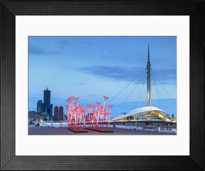 Framed Print : Great Harbour Bridge and art installation of Pier 2 Art Centre at dusk, Kaohsiung, Taiwan