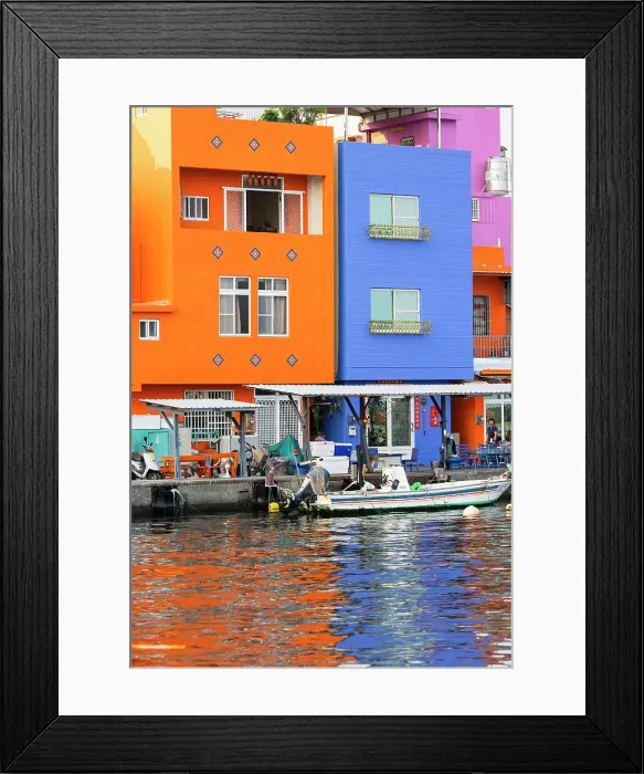 Framed Print : Colourful buildings and fishing boats at Gushan Harbour, Kaohsiung, Taiwan