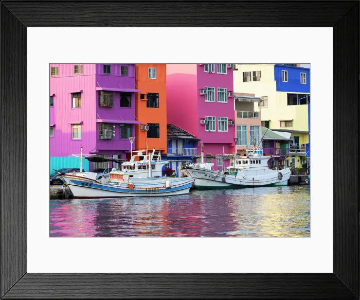 Framed Print : Colourful buildings and fishing boats at Gushan Harbour, Kaohsiung, Taiwan