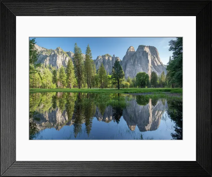 Framed Print : Cathedral Rocks reflected in floodpools, Yosemite Valley, California, USA. Spring (June) 2016