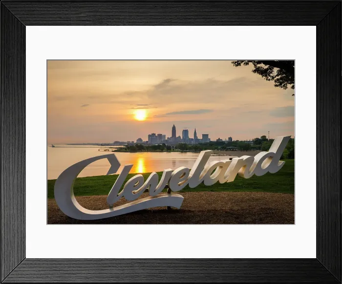 Framed Print : Cleveland skyline and sign, Lake Erie, Ohio, USA Framed Print : Cleveland skyline and sign, Lake Erie, Ohio, USA