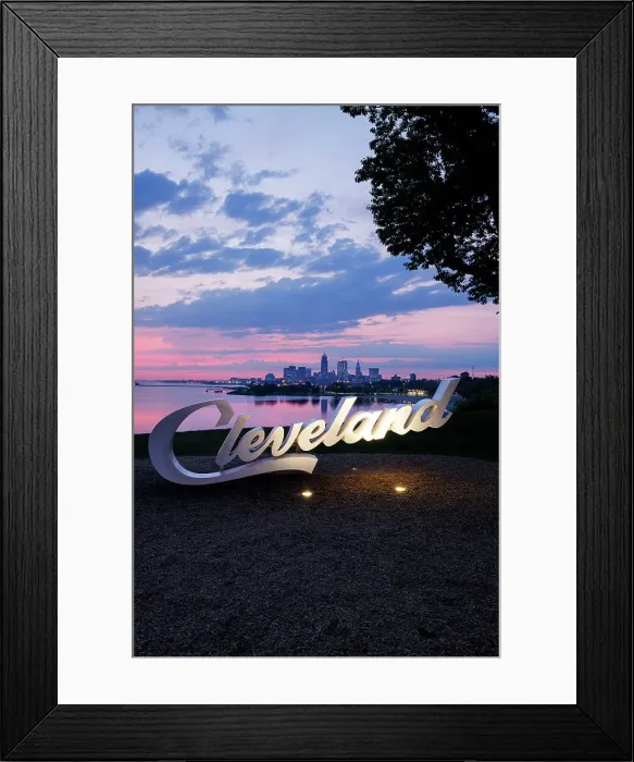 Framed Print : Cleveland skyline and sign, Lake Erie, Ohio, USA