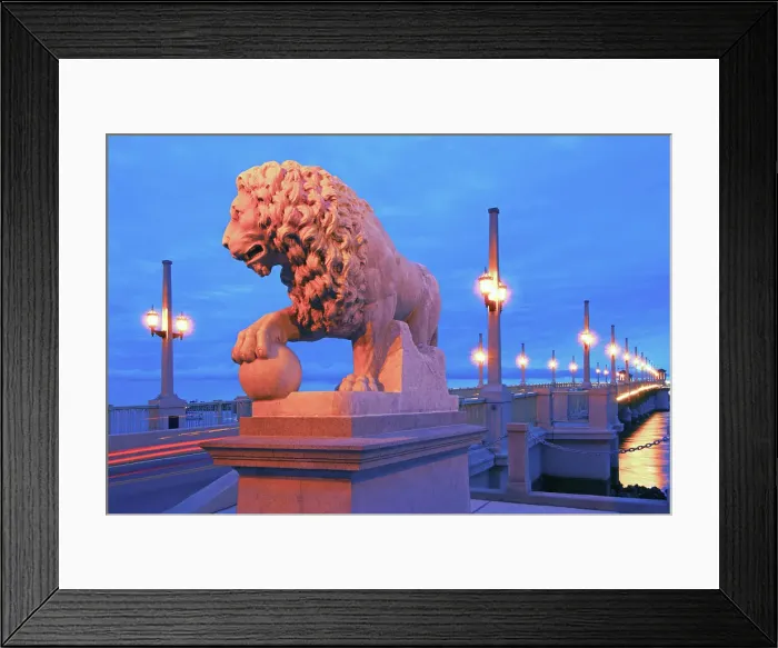 Framed Print : Florida, Saint Augustine, Bridge Of Lions, Marble Medici Lion, 1924, Modeled From The Villa Medici Lions Of Rome, Bridge Crosses The Matanzas River And Connects Downtown Saint Augustine To Anastasia Island