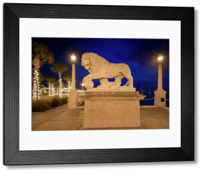 Framed Print : Florida, Saint Augustine, Bridge Of Lions, Marble Medici Lion, 1924, Modeled From The Villa Medici Lions Of Rome, Bridge Crosses The Matanzas River And Connects Downtown Saint Augustine To Anastasia Island