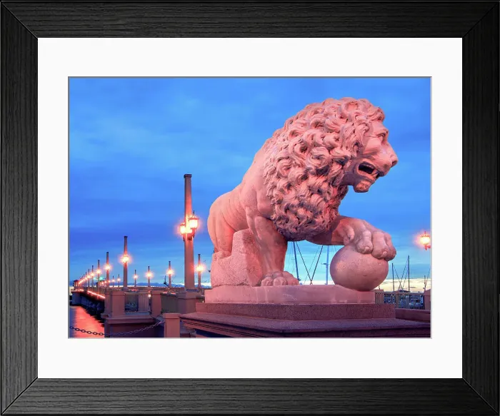Framed Print : Florida, Saint Augustine, Bridge Of Lions, Marble Medici Lion, 1924, Modeled From The Villa Medici Lions Of Rome, Bridge Crosses The Matanzas River And Connects Downtown Saint Augustine To Anastasia Island