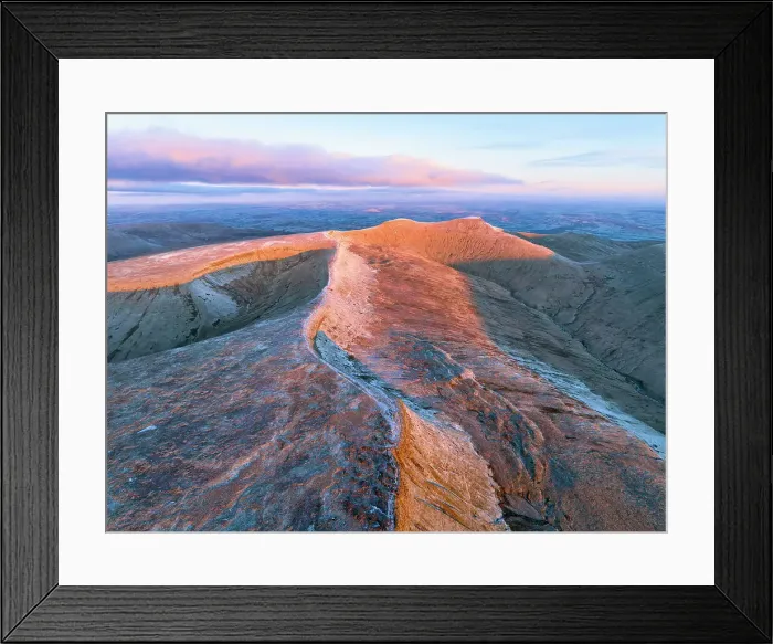 Framed Print : Aerial of Corn Du, Pen-y-Fan and Cribyn mountain peaks, Brecon Beacons National Park, Wales, United Kingdom