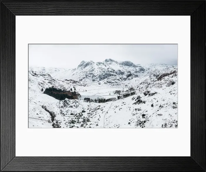 Framed Print : Snow covered landscape, Langdale Pikes, Lake District National Park, Cumbria, England