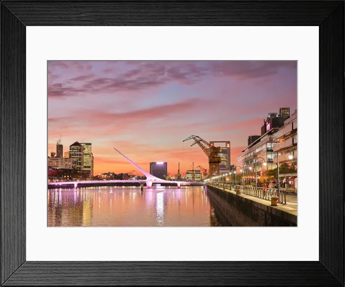 Framed Print : The Puente de la Mujer bridge illuminated at twilight, Puerto Madero, Buenos Aires, Argentina