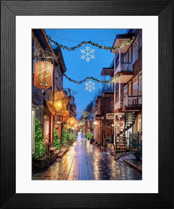 Framed Print : Petit Champlain, Rue Sous Le Fort with rain and colorful Light Reflections, Old Quebec City, Quebec, Canada Framed Print : Petit Champlain, Rue Sous Le Fort with rain and colorful Light Reflections, Old Quebec City, Quebec, Canada