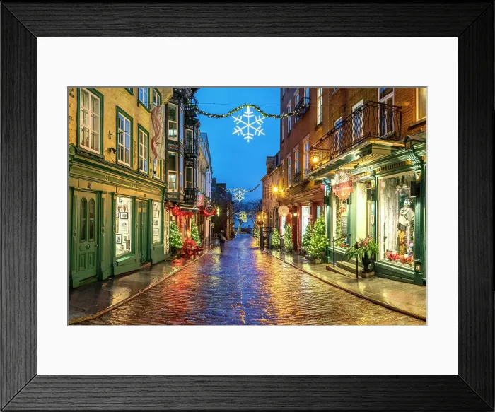 Framed Print : Petit Champlain, Rue Sous Le Fort with rain and colorful Light Reflections, Old Quebec City, Quebec, Canada
