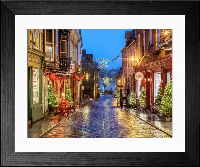 Framed Print : Petit Champlain, Rue Sous Le Fort with rain and colorful Light Reflections, Old Quebec City, Quebec, Canada Framed Print : Petit Champlain, Rue Sous Le Fort with rain and colorful Light Reflections, Old Quebec City, Quebec, Canada