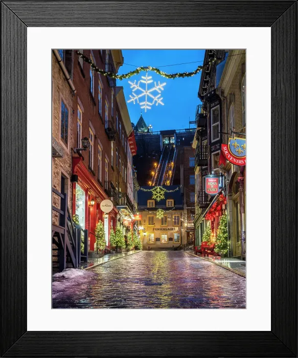 Framed Print : Petit Champlain, Rue Sous Le Fort with rain and colorful Light Reflections, Old Quebec City, Quebec, Canada Framed Print : Petit Champlain, Rue Sous Le Fort with rain and colorful Light Reflections, Old Quebec City, Quebec, Canada