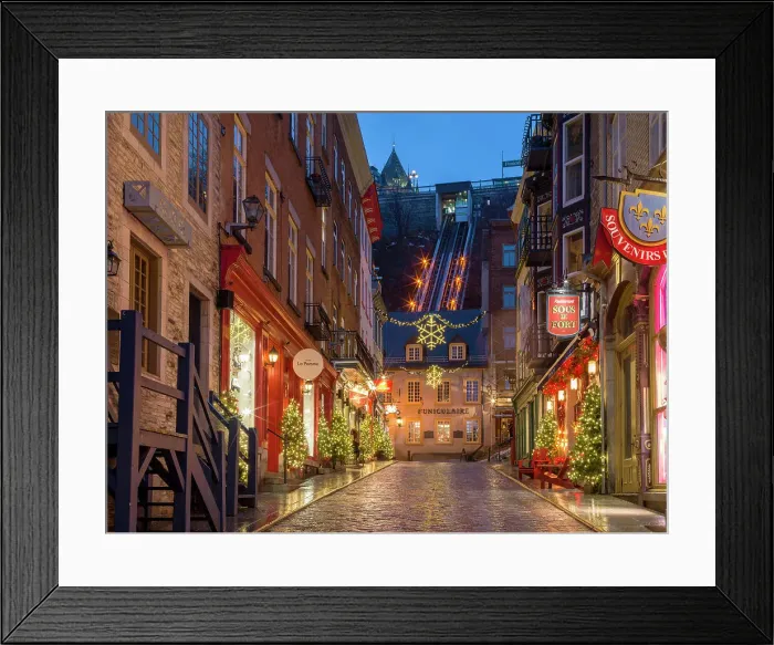 Framed Print : Petit Champlain, Rue Sous Le Fort with rain and colorful Light Reflections, Old Quebec City, Quebec, Canada