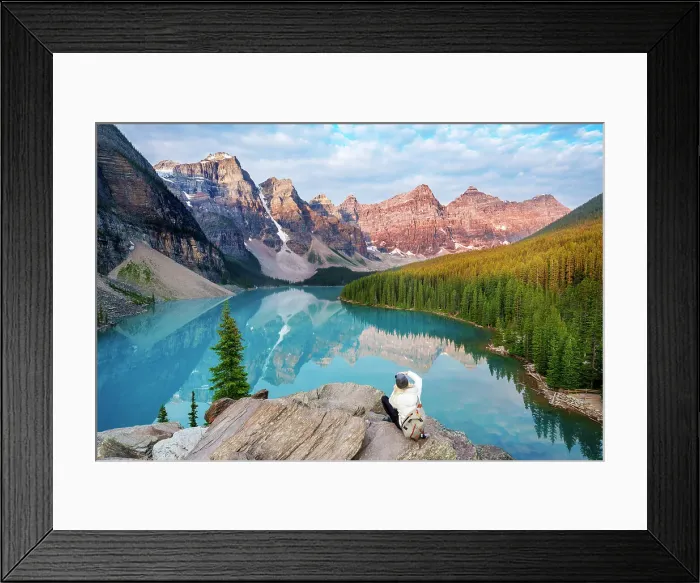 Framed Print : Woman taking a Photo, Moraine Lake during summer in Banff National Park, Alberta, Canada (MR) Framed Print : Woman taking a Photo, Moraine Lake during summer in Banff National Park, Alberta, Canada (MR)