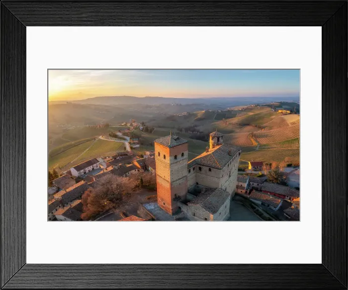 Framed Print : Aerial view of the medieval town of Serralunga D'Alba and its castle. Serralunga D'Alba, Barolo wine region, Langhe, Piedmont, Italy, Europe