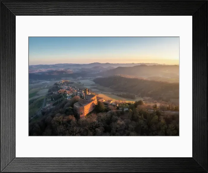 Framed Print : Aerial view of the medieval town of Camino Monferrato and its castle at sunset. Camino, Monferrato wine region, MOnferrato, Piedmont, Italy, Europe Framed Print : Aerial view of the medieval town of Camino Monferrato and its castle at sunset. Camino, Monferrato wine region, MOnferrato, Piedmont, Italy, Europe