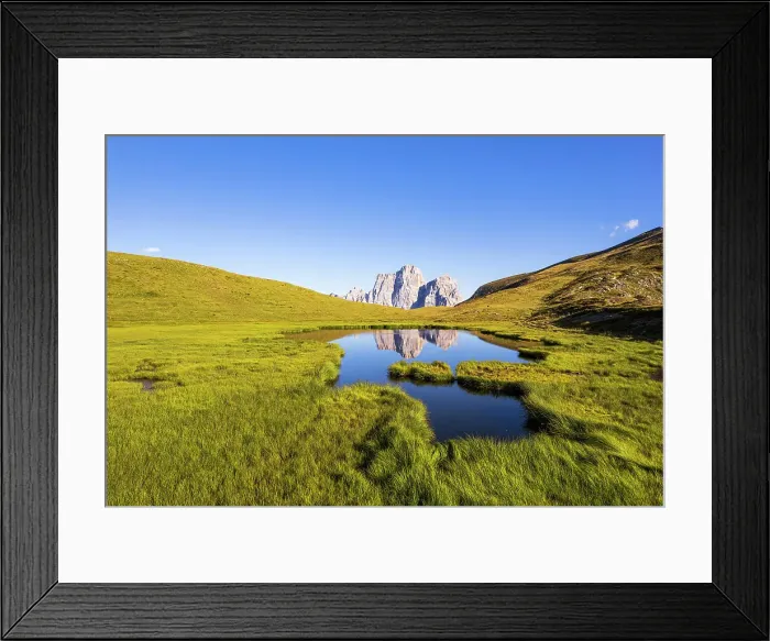 Framed Print : View of green meadows and hills by the lake of Baste reflecting the shape of mount Pelmo, Mondeval flat, Cadore valley, Cortina d'Ampezzo, Dolomites, Veneto, Italy, Europe Framed Print : View of green meadows and hills by the lake of Baste reflecting the shape of mount Pelmo, Mondeval flat, Cadore valley, Cortina d'Ampezzo, Dolomites, Veneto, Italy, Europe