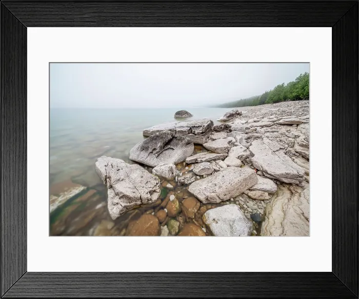 Framed Print : A foggy morning at Halfway Log Dump on Georgian Bay in Bruce Peninsula National Park, Ontario, Canada Framed Print : A foggy morning at Halfway Log Dump on Georgian Bay in Bruce Peninsula National Park, Ontario, Canada