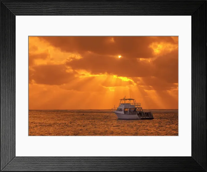 Framed Print : Dive boat at sunrise on the Caribbean Sea on Cayman Brac, Cayman Islands, British West Indies Framed Print : Dive boat at sunrise on the Caribbean Sea on Cayman Brac, Cayman Islands, British West Indies