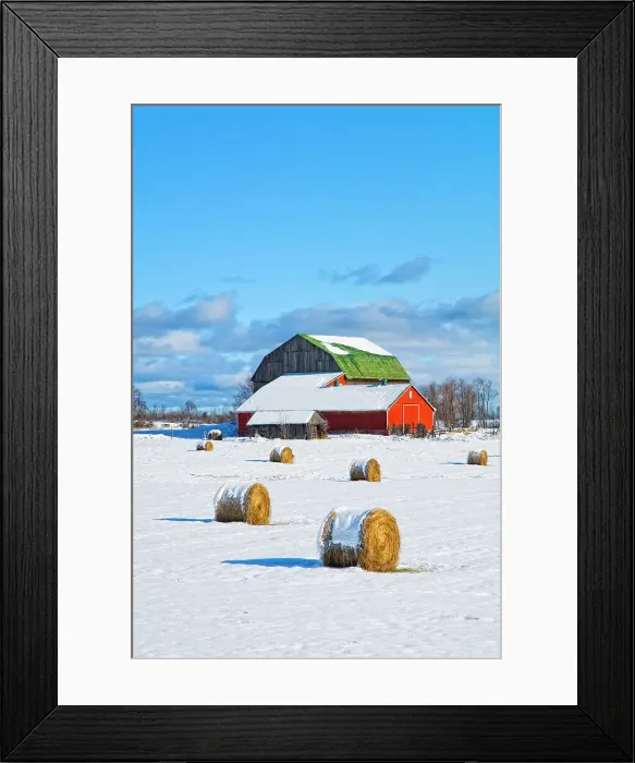 Framed Print : Winter farm scenic with hay bails inthe field, Cookstown, Ontario, Canada Framed Print : Winter farm scenic with hay bails inthe field, Cookstown, Ontario, Canada