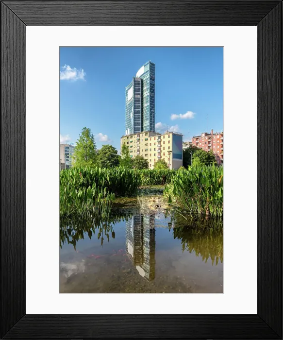 Framed Print : Little lake in the Tree Library Park at Porta Nuova business district, Milan, Italy Framed Print : Little lake in the Tree Library Park at Porta Nuova business district, Milan, Italy