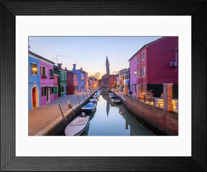 Framed Print : The leaning campanile of San Martino's church and the typical colored houses at dusk, Burano Island, Venice, Italy Framed Print : The leaning campanile of San Martino's church and the typical colored houses at dusk, Burano Island, Venice, Italy