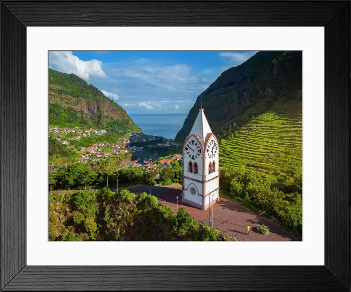 Framed Print : Aerial view of a tourist at Capelinha de Nossa Senhora de Fatima surrounded by terraced fields at sunrise, Sao Vicente, Madeira, Portugal Framed Print : Aerial view of a tourist at Capelinha de Nossa Senhora de Fatima surrounded by terraced fields at sunrise, Sao Vicente, Madeira, Portugal
