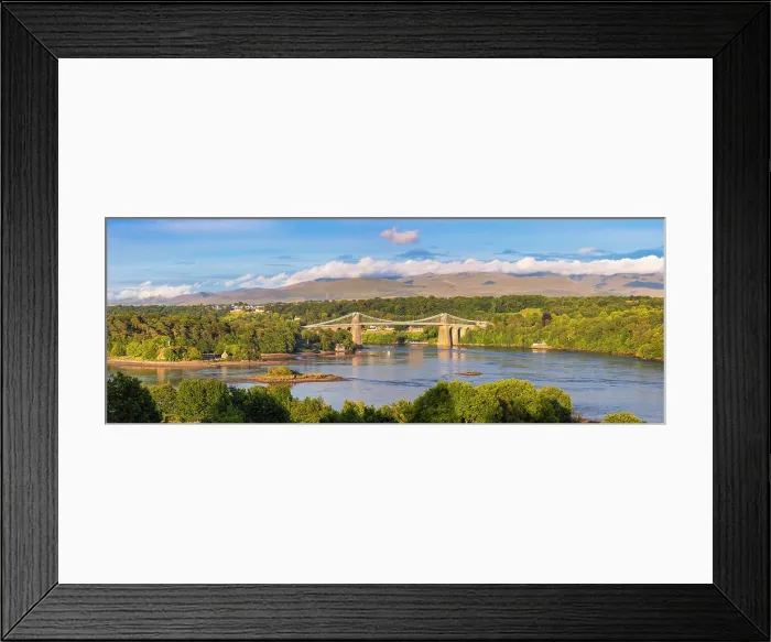 Framed Print : Panoramic view of Menai Suspension Bridge at sunset, Menai Bridge, Anglesey, Wales, United Kingdom Framed Print : Panoramic view of Menai Suspension Bridge at sunset, Menai Bridge, Anglesey, Wales, United Kingdom