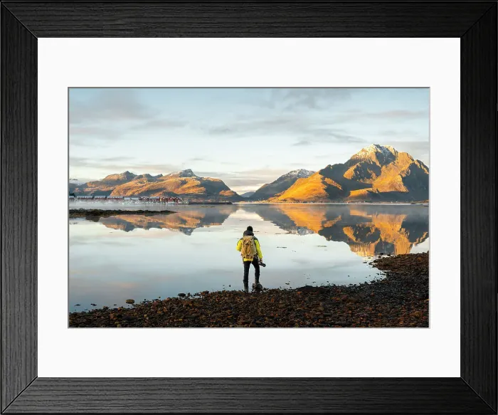 Framed Print : A photographer observes mountains and rorbuer in a Fjord during sunset, Leknes, Vestvagoy, Nordland, Lofoten Islands, Norway (MR) Framed Print : A photographer observes mountains and rorbuer in a Fjord during sunset, Leknes, Vestvagoy, Nordland, Lofoten Islands, Norway (MR)