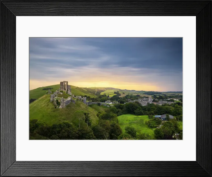 Framed Print : Corfe Castle portrayed from hills at sunrise, Corfe Castle, Purbeck, Dorset, England, United Kingdom Framed Print : Corfe Castle portrayed from hills at sunrise, Corfe Castle, Purbeck, Dorset, England, United Kingdom