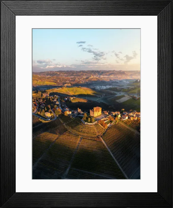 Framed Print : Aerial view of Grinzane Cavour at sunrise during autumn, Cuneo, Langhe and Roero, Piedmont, Italy, Southern Europe Framed Print : Aerial view of Grinzane Cavour at sunrise during autumn, Cuneo, Langhe and Roero, Piedmont, Italy, Southern Europe