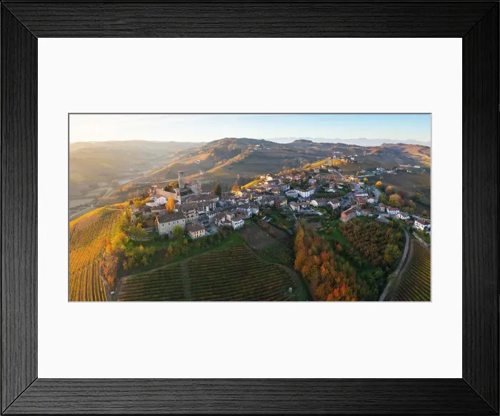 Framed Print : Aerial view of Castiglione Falletto at sunrise during autumn, Cuneo, Langhe and Roero, Piedmont, Italy, Southern Europe Framed Print : Aerial view of Castiglione Falletto at sunrise during autumn, Cuneo, Langhe and Roero, Piedmont, Italy, Southern Europe