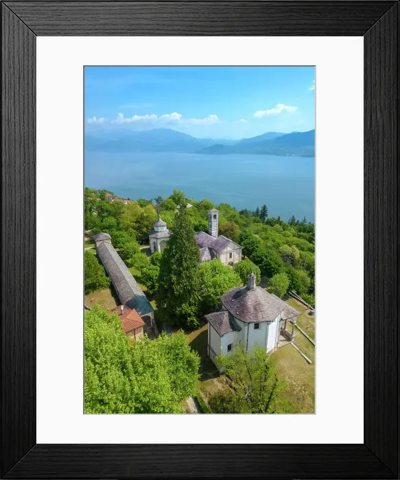 Framed Print : Aerial view of the Sacro Monte di Ghiffa on Lake Maggiore in the spring. Maggiore Lake, Province of Verbania, Piedmont, Italy Framed Print : Aerial view of the Sacro Monte di Ghiffa on Lake Maggiore in the spring. Maggiore Lake, Province of Verbania, Piedmont, Italy
